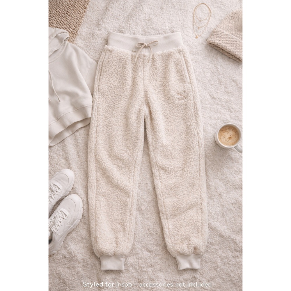 Puma Womens Sherpa Fleece Joggers Cream High Waist Teddy Sweatpants 597871-23 S - Picture 2 of 11